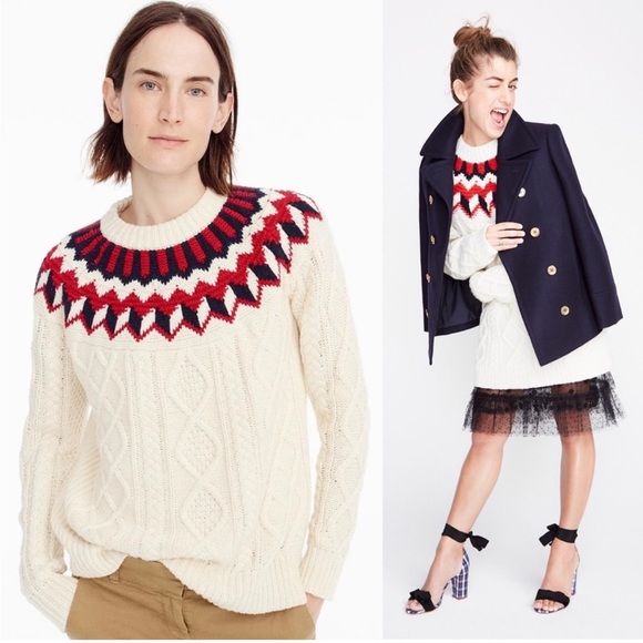 J. Crew Fair Isle Sweater Merino Wool Blend Fisherman Sweater Ivory Red Large L - Picture 9 of 9